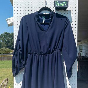 Poema Silky Navy V-Neck Mini Dress Flowy Button up 3/4 Sleeves Sz S